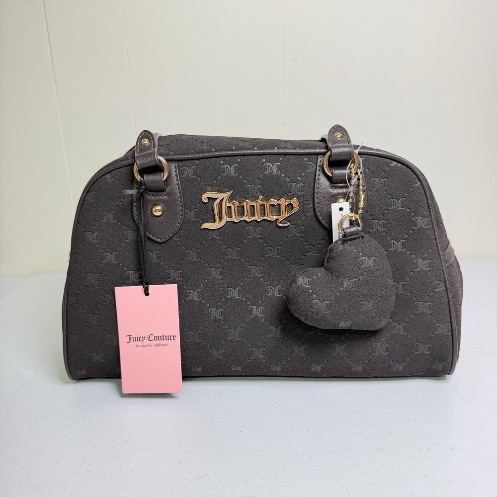 Juicy Couture Dome Satchel Logo Embossed Handbag Heart Charm Gold Tone